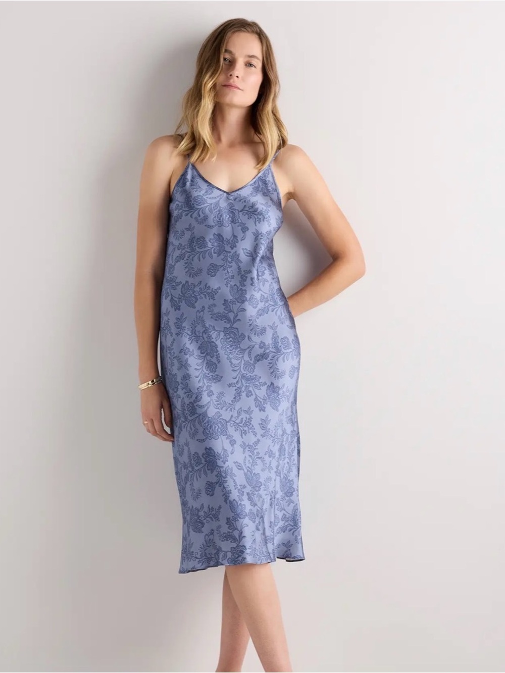 Quince Periwinkle Blue Floral Satin Midi Slip Dress